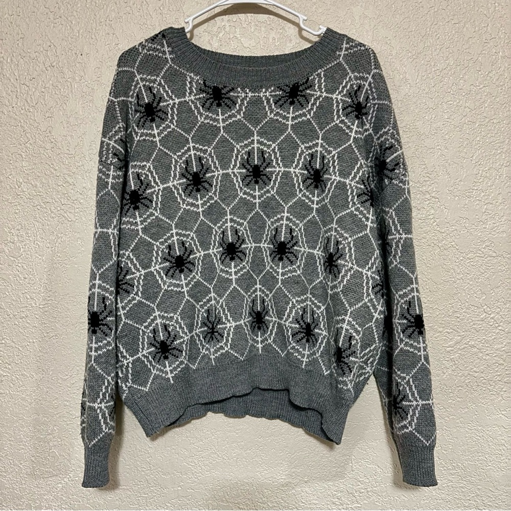 SHEIN Curve Plus Size Boxy Gothic Alternative Spider Web Printed Knit Sweater